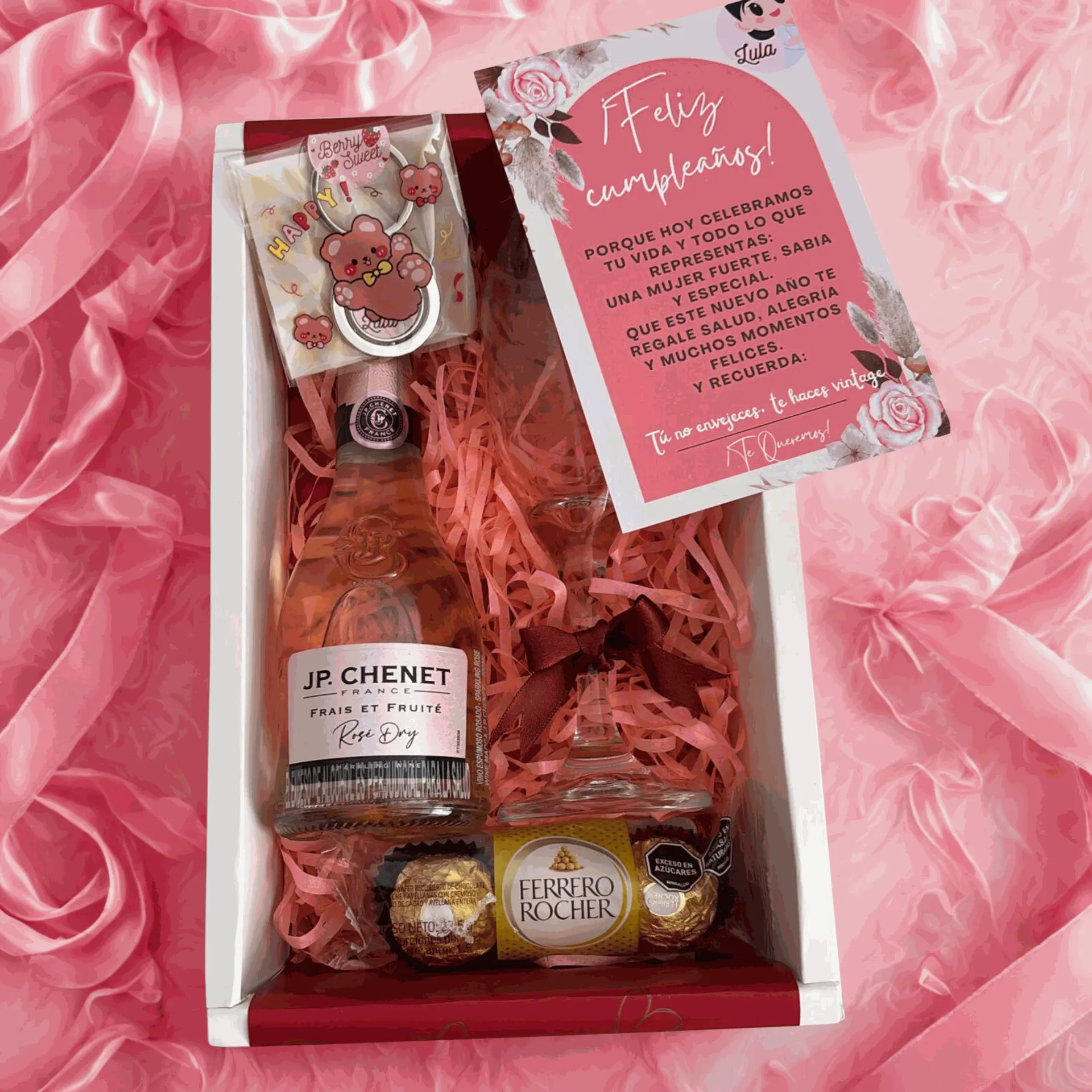 Hermoso regalo personalizado para mujer, incluye Jp Chenet ice rosada, chocolate ferrero rocher, llavero personalizado, tarjeta de feliz cumpleaños, decorado con papel seda rosa