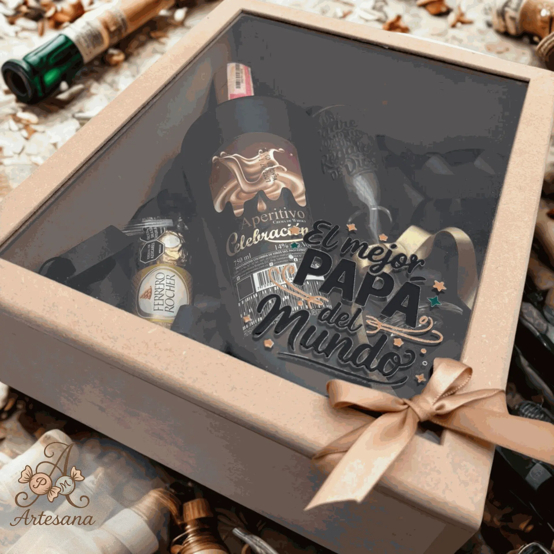 Hermoso regalo personalizado en cada de madera que incluye aperitivo de crema de whisky y chocolate ferrero rocher