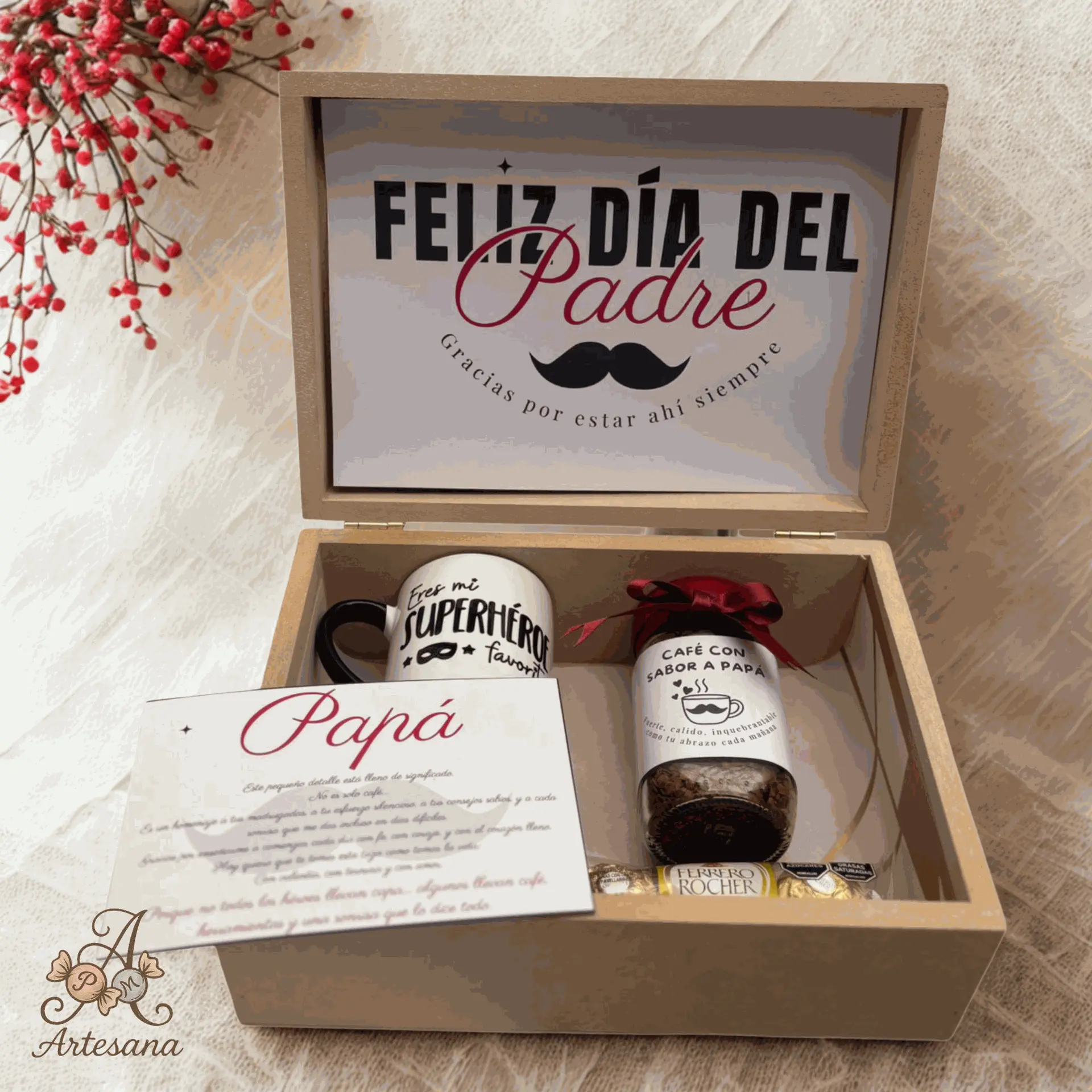Buen regalo personalizado para papá en caja de madera, café y pocillo personalizado con tarjeta
